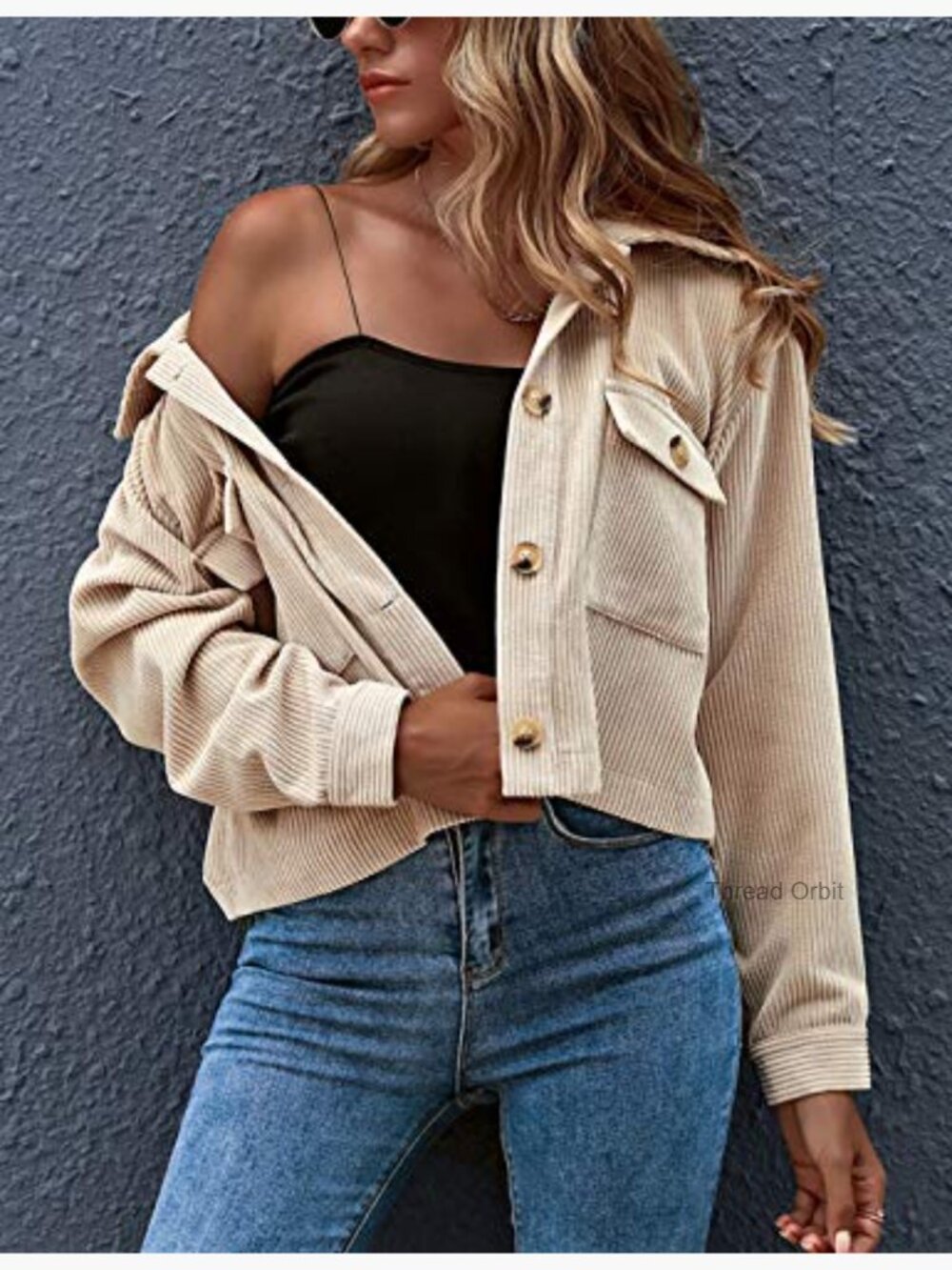 Cropped Corduroy Shacket Button Down Casual Jacket - Picture 3 of 7